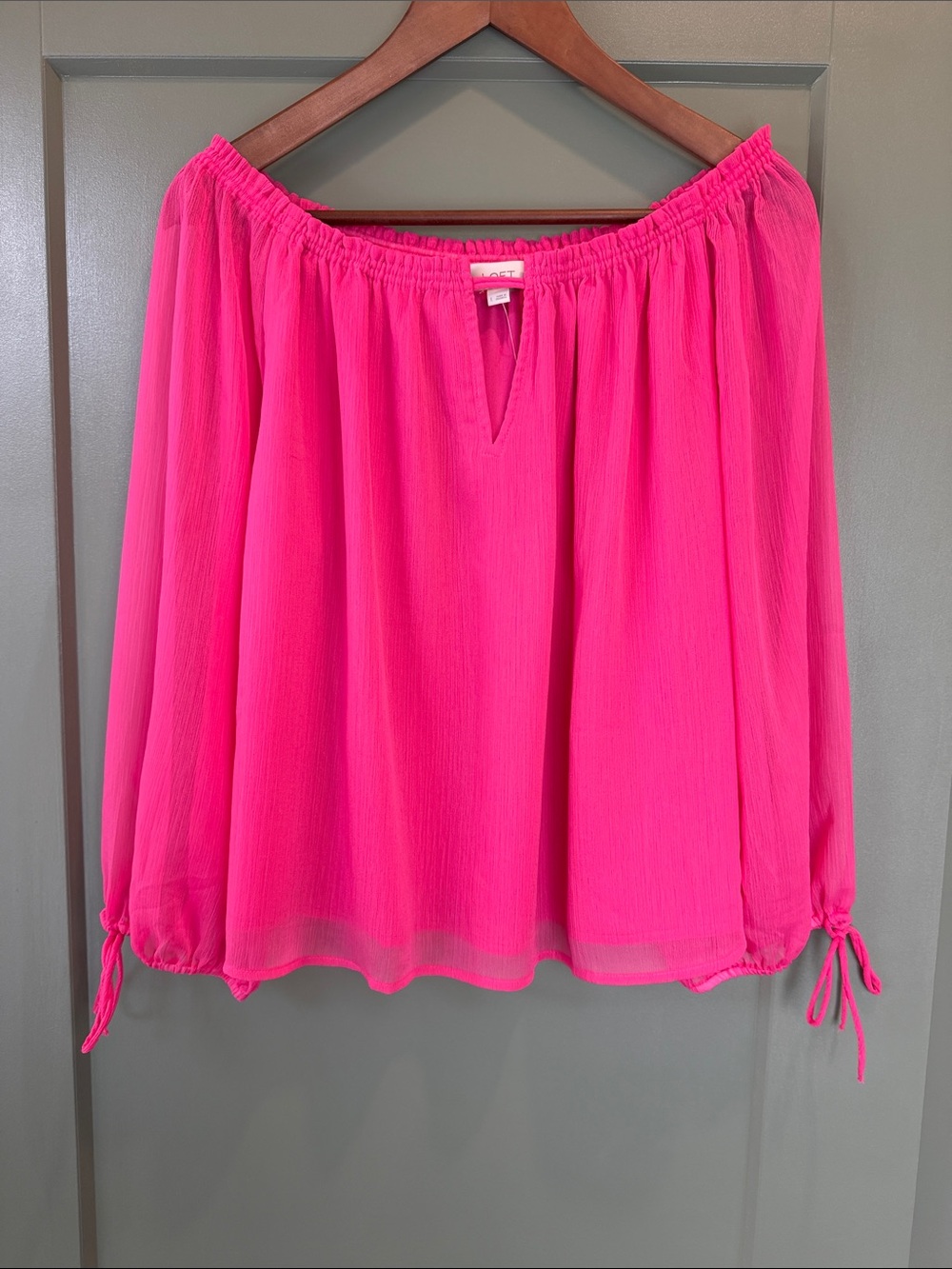 LOFT Bright Pink Off-Shoulder Tie-Sleeve Blouse - NWT